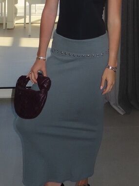 Zara Slate Gray Midi Skirt with Stud Waist